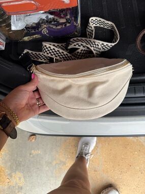 Universal Thread Cream Canvas Crescent Crossbody with Patterned Strap